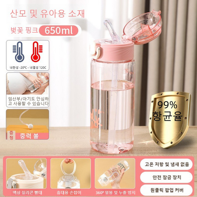 누워서 마시기 좋은 빨대 물병 환자용 물컵 빨대컵 물 새지 않는 650ml(중력볼 설계 누운 자세에서도 물을 편리하게 마실 수 있음), 분홍색, 650ml