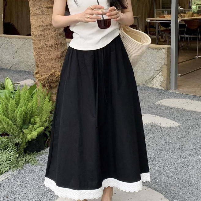 大尺碼蕾絲拼接高腰長裙 女春夏胖mm鬆緊A字半身裙
