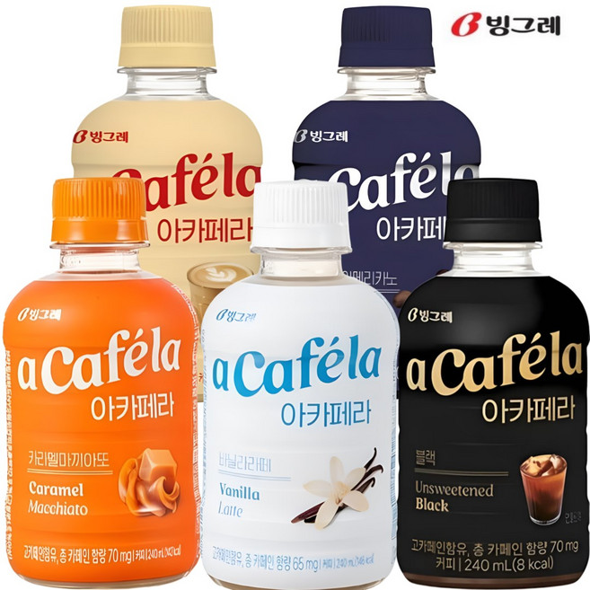 빙그레 아카페라 240ml 혼합5종 (카페라떼+바닐라라떼+카라멜마끼아또+스위트아메리카노+아메리카노), 3세트, 1.2L