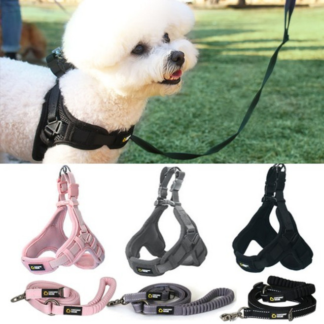 초코펫하우스 해피고 강아지 하네스 세트 하네스 + 리드줄 /흉부압박zero, M, 그레이