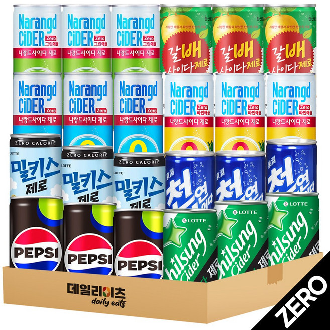 제로칼로리 탄산음료수 8종 24캔 믹스세트 (펩시제로 사이다제로 갈배사이다제로 나랑드사이다 나랑드그린애플 나랑드파인애플 밀키스제로 천연사이다제로), 2세트, 250ml