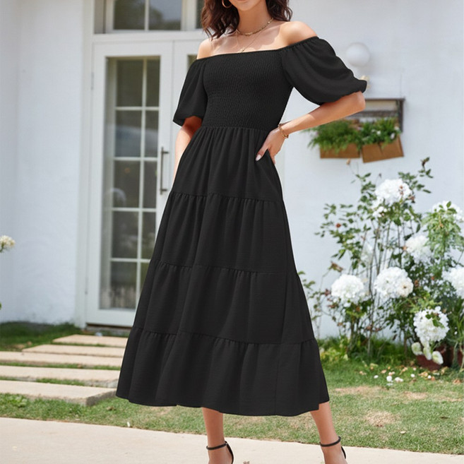 UPPERCUT 여성 스퀘어넥 스모크 밴딩 퍼프 소매 캉캉 롱 원피스