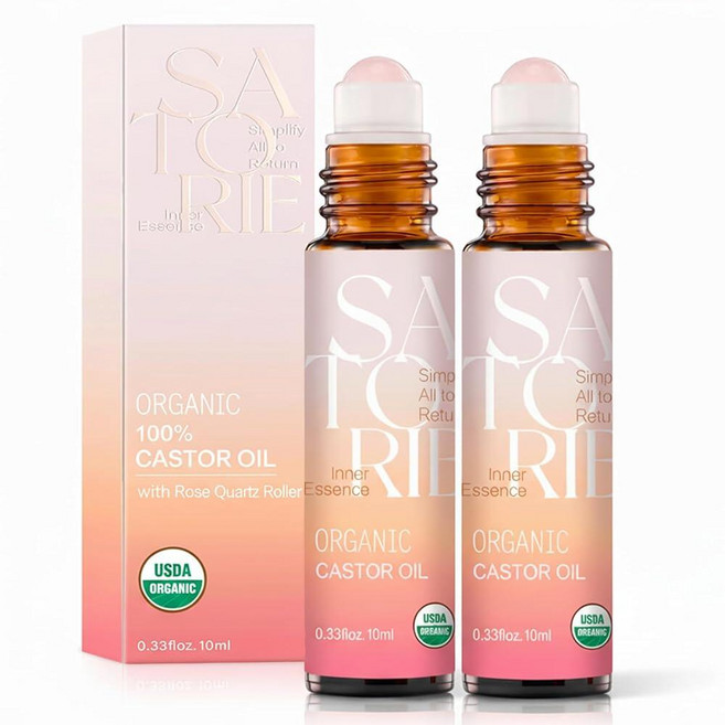SATORIE 로즈 쿼츠 롤러볼이 있는 유기농 캐스터 오일 2팩 - USDA 인증 100% 캐스터 오일 롤온 얼굴 눈 밑 눈썹 및 속눈썹용 깊은 수분 진정 모발 성장