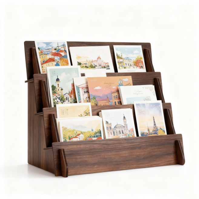 GAPINO 우드 엽서 진열대 악세사리 팰플릿 리플렛 진열장 플리마켓 다용도 소품 거치대, 1개, 월넛