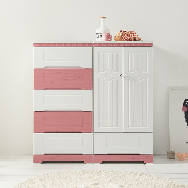 원퍼니처 로이 서랍장600+옷장600(세트) 옷장 키즈 아이방 어린이 주니어장 옷수납, 핑크