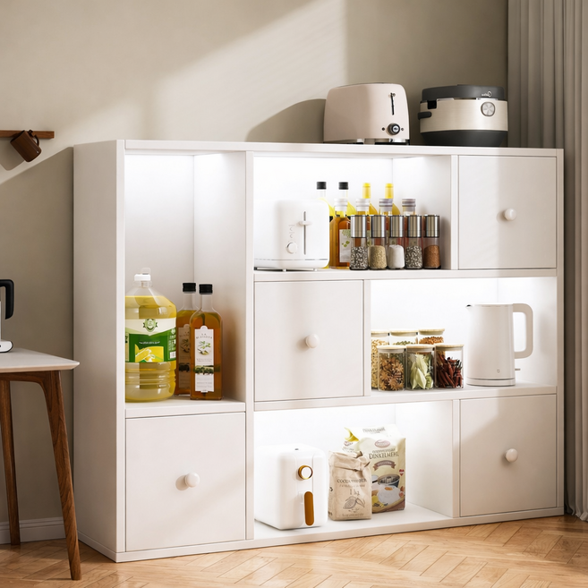 주방 정리용 다용도 수납장 식탁 옆과 거실 공간 활용에 적합한 선반장, 흰색