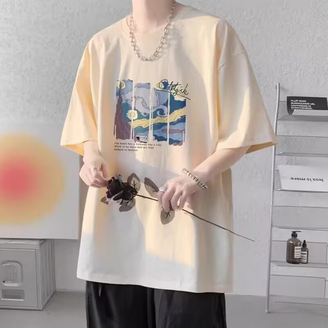 落肩款五分袖 潮牌衣服海浪油畫印花 熒光色大尺碼上衣 情侶裝 男生衣服 寬鬆短袖 T恤, 卡其色,5XL