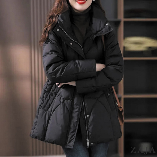 ZAJA 여성 겨울 누빔 무지 후드 패딩 블랙 하프 방한복