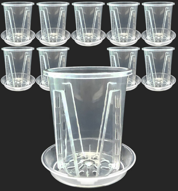 청춘화원 고투명 슬릿화분 받침포함 원형 투명 슬릿분 플라스틱 화분 플분 분갈이 삽목 삽수, 10개