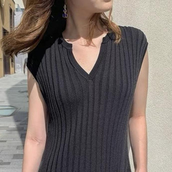 V領條紋針織長洋裝, 黑色,M 47.5-55.0公斤, 黑色