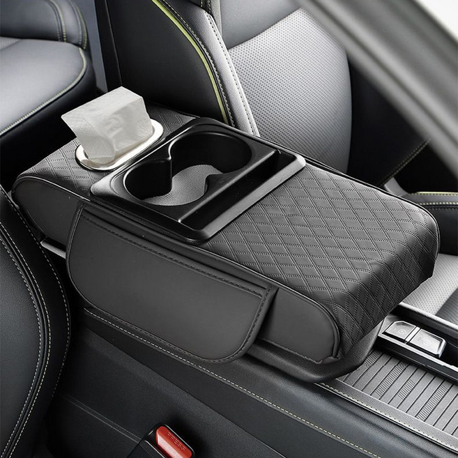 ZOZI 자동차 팔걸이 쿠션 다용도 컵홀더 휴대폰 거치대 티슈 수납함 방수 콘솔박스 대용량 차량용 콘솔쿠션, 1개, 블랙