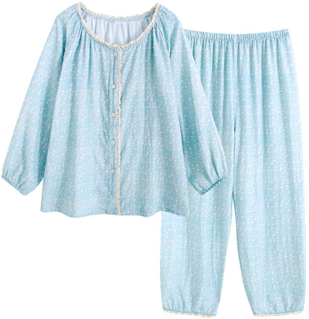 SOYOONLIFE 여성 파자마 면100% 여 잠옷 세트 여자 잠옷 상하 투피스 순면 거즈면 홈웨어 여성용 플라워 레이스 라운드 긴팔 잠옷