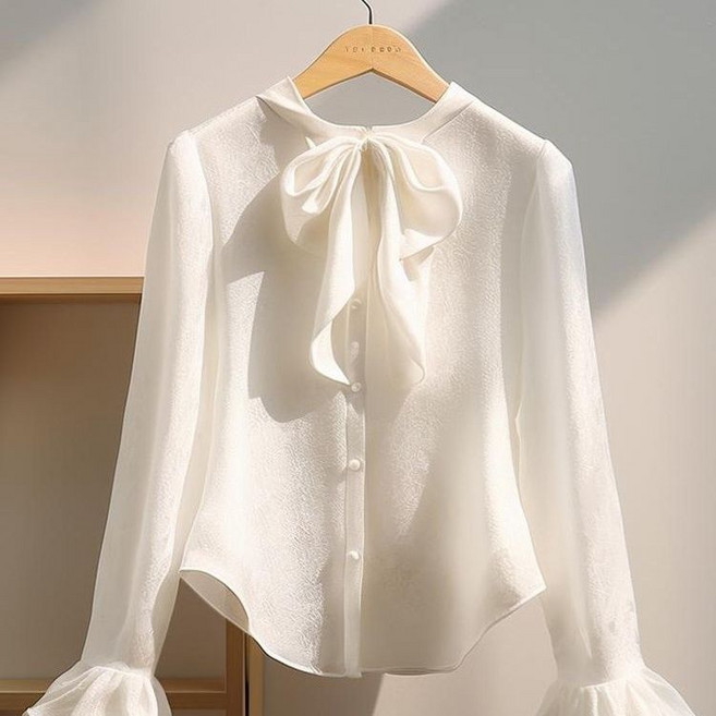 HANLIN 여성 우아한 실크 블라우스 큰리본 디자인 긴팔 상의
