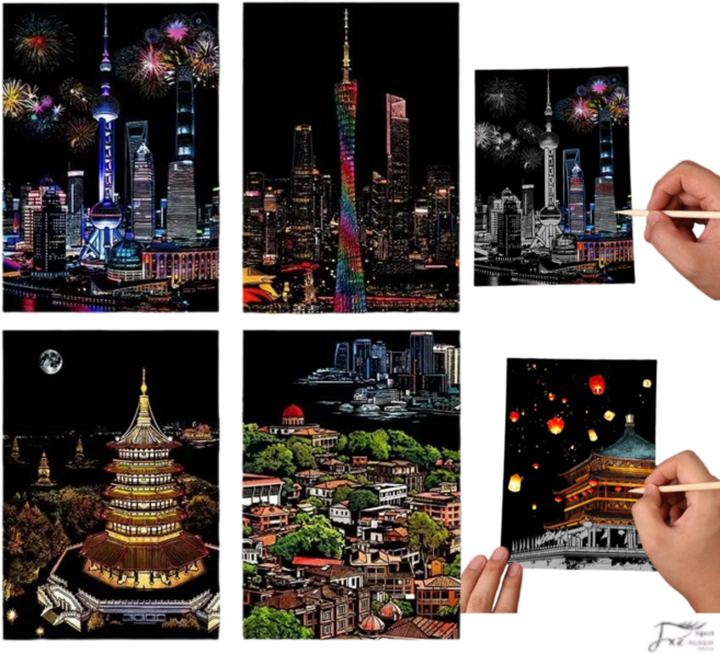 감성도시 일러스트 스크래치 페이퍼 치매예방 두뇌 자극 취미 A5 4장+ 나무 스틱 세트, SHANGHAI 도심, 1개