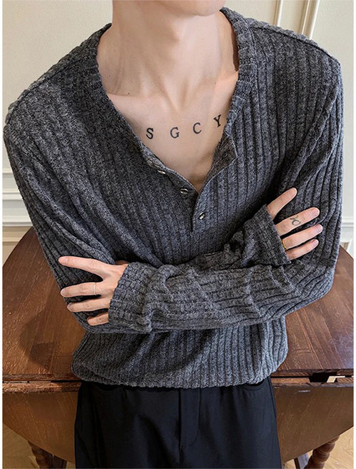 【高級感正肩】亨利領T恤 衛衣 打底衫 針織衫 長袖T恤 男裝 灰色系 秋季內搭 通勤休閒 簡約cleanfit風格