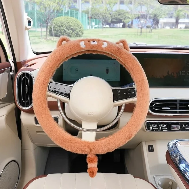 자동차핸들커버 자동차 핸들 커버 플러시 방충 트럭 귀여운, 01 STUFFED BROWN