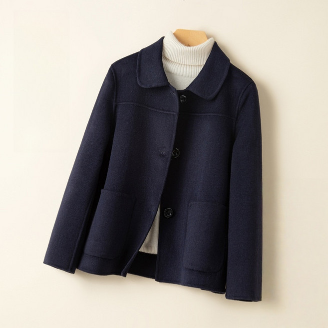 삼제태전 가을겨울 여성용 순색 양면 울 코트 숏기장 모직 외투