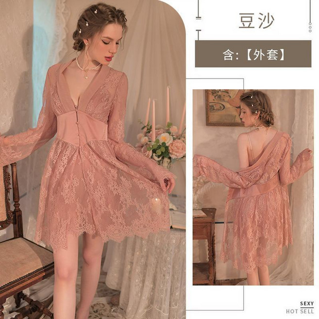 蕾絲吊帶睡裙網紗露胸透明睡衣套裝激情家居服