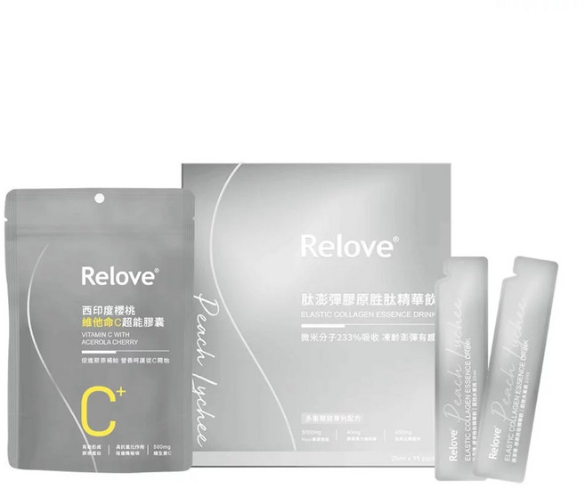 Relove 膠原精華飲 1盒 + 西印度櫻桃維他命C膠囊 2袋, 1套, 25毫升