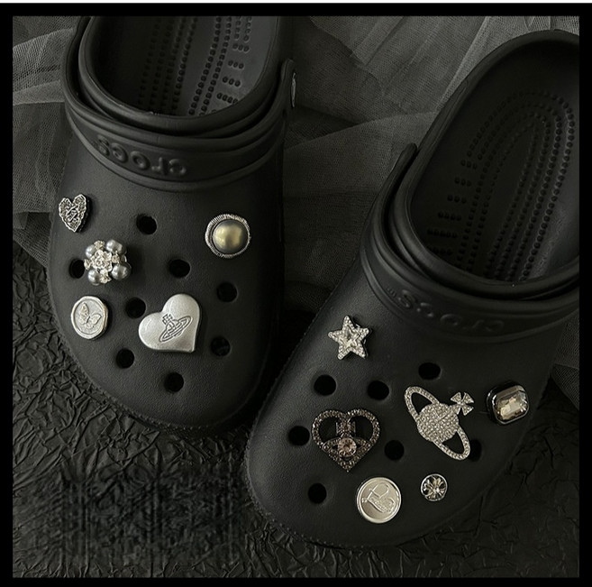 Y2K 韓版蝴蝶結串珠鞋扣配件 適用洞洞鞋球鞋 銀色蕾絲星球鞋飾