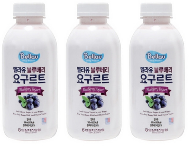 임실치즈농협 벨라유 요구르트500ml 3종 셋트(플레인 딸기 블루베리), 블루베리 요구르트500ml, 3개, 500ml