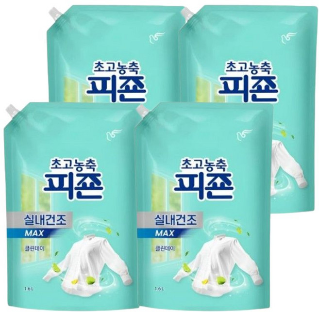 피죤 초고농축 실내건조 섬유유연제 MAX 클린데이, 1.6L, 4개