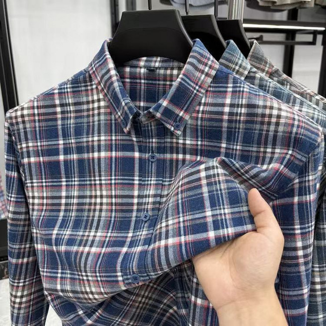 源頭工廠純棉100%長袖襯衫男格子磨毛男士襯衣中青年男裝