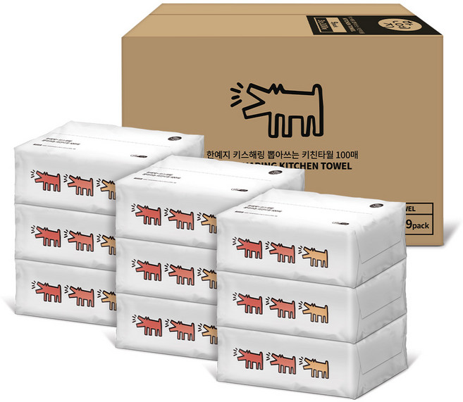 한예지 키스해링 뽑아쓰는 천연펄프 키친타월, 100매, 9개