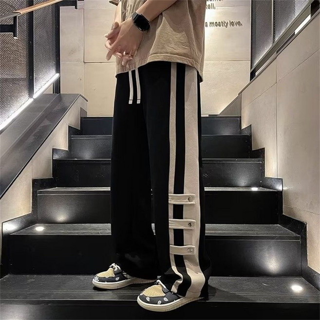 TKX 남성 봄 가을용 캐주얼 와이드 팬츠 사이드 버튼 디자인 스트리트 패션 K89