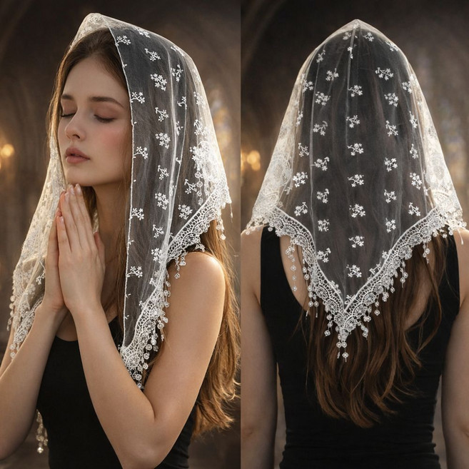 픽앤비 플라워 레이스 천주교 성당 미사보, 1개, 화이트