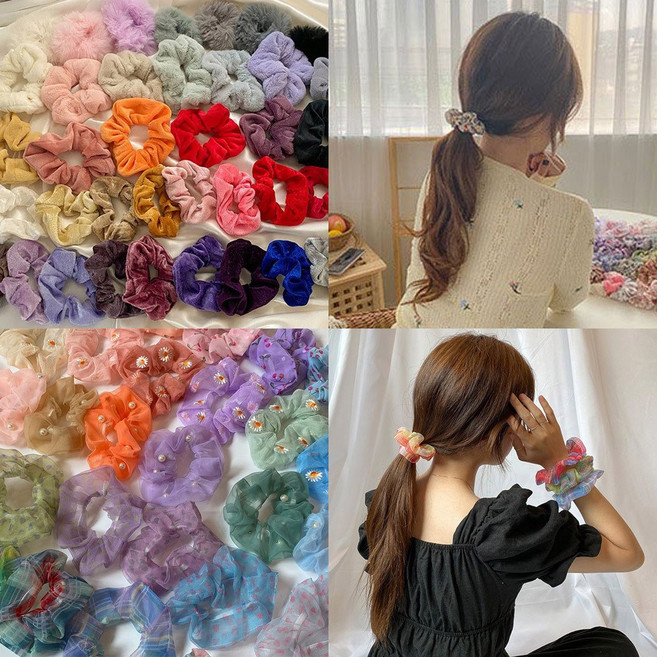 마마로 실크 패턴 레이스 체크 니트 머리끈 곱창 헤어 밴드 5개