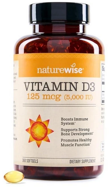 NatureWise 비타민 D3 2000IU(50mcg) 1년분 건강한 근육 기능 뼈 건강 면역 지원 비GMO 글루텐 프리 냉압착 올리브 오일 사용 포장은 다를, 5000 IU, 360 Count (Pack of 1), 1개, 360정 - 쿠팡