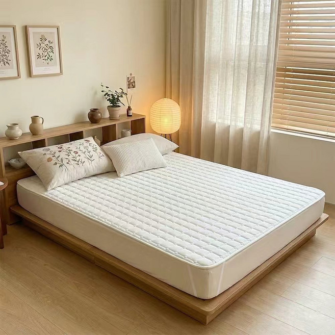 리보아 사계절 순면 누빔 매트리스 침대 패드 고정밴드형, 아이보리