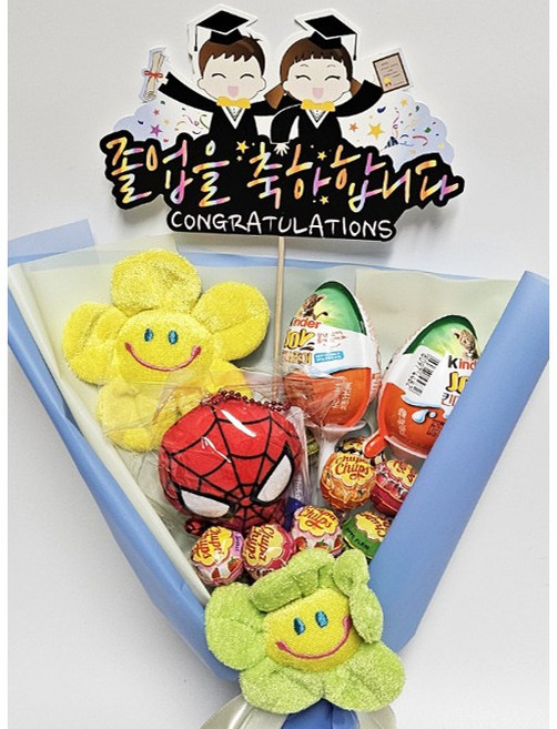안산 플라워마트 스파이더맨 킨더조이 스마일꽃 인형 꽃다발, 졸업피켓