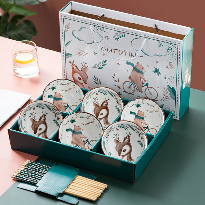 동양식 6구 밥공기 국그릇 투박한 동양그릇세트 선물 예쁜도자기밥그릇 HAP 가족, 곰사슴 여섯 그릇 여섯 젓가락, 1개