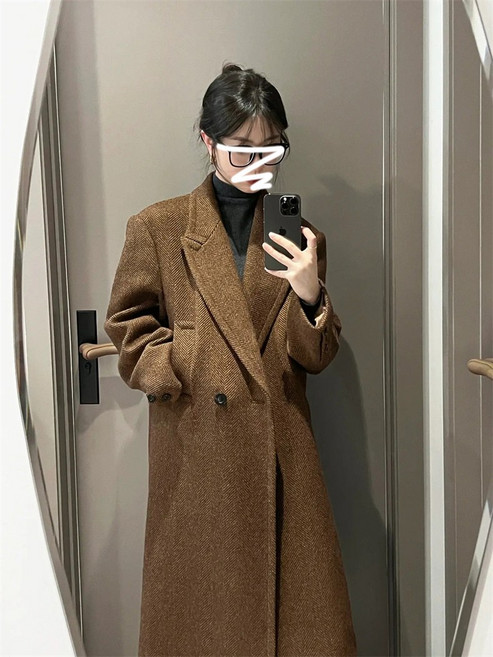 빅사이즈 고급스러운 카멜 하프 정장 코트 여한판 루즈핏 캐주얼 무스탕 코트 가을 겨울