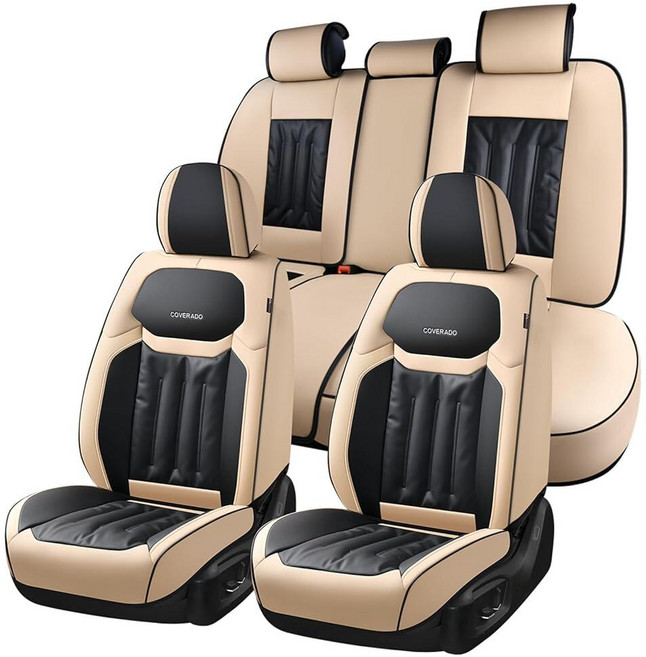 Coverado Car Seat Covers Covers for Cars 5 Seats Full Set Protector Waterproof Nappa Leather Cu, 풀 세트, 베이지&블랙
