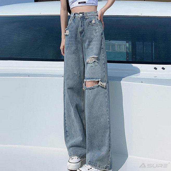 Asure 여사 하이웨이스트 찢어진 청바지 와이드 팬츠 스트레이트 데님 팬츠