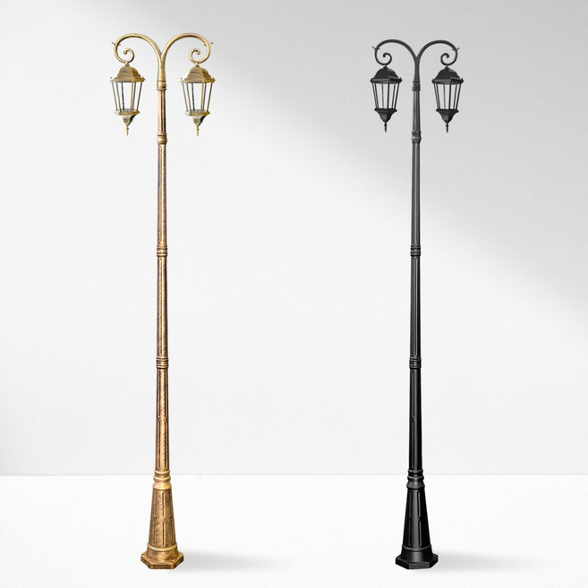 나눔조명 엔틱 전기 가로등 야외 조명 조명등 LED 잔디등 2등 양가지, 02_전기 양머리 가로등 2등(엔틱 상부등), 02-1_엔틱 상부등 (투명 육각등), 전체높이 3.2M 황동(기둥2.6M)