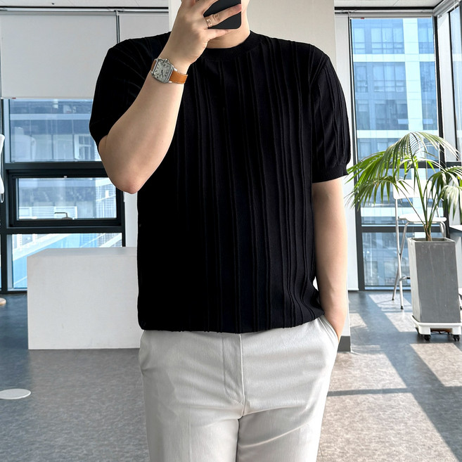 룩플레인 세련된 냉감 원단 파츠 디테일 여름 반팔 니트 3color