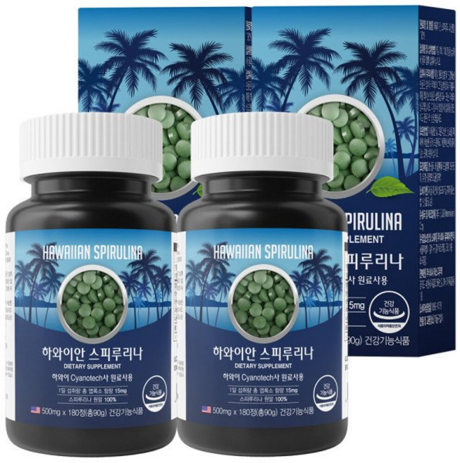 하와이안 스피루리나 100% 500mg 180정 2병 6개월 하와이안스피루리나 하와이 하와이산 리뉴얼 최신입고, 90g