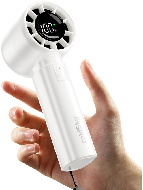 ColdSky 휴대용 팬 4000mAh 배터리 LED 디스플레이로 작동 소형 여행용 5 속도 미니, White, 1개