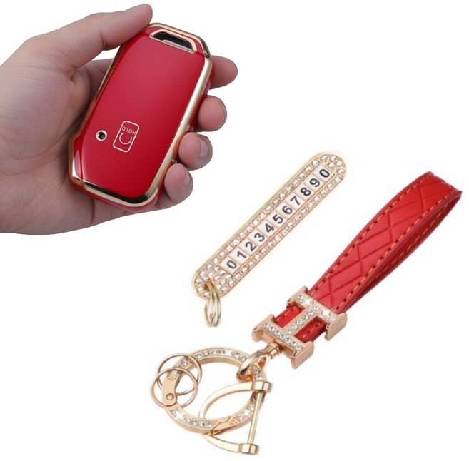 기아 차키 케이스 스포티지 올뉴K3 K5 K7프리미어 K8 쏘렌토 EV6 니로 셀토스 카니발 호환 키 케이스, 5버튼+키링세트, 빨강