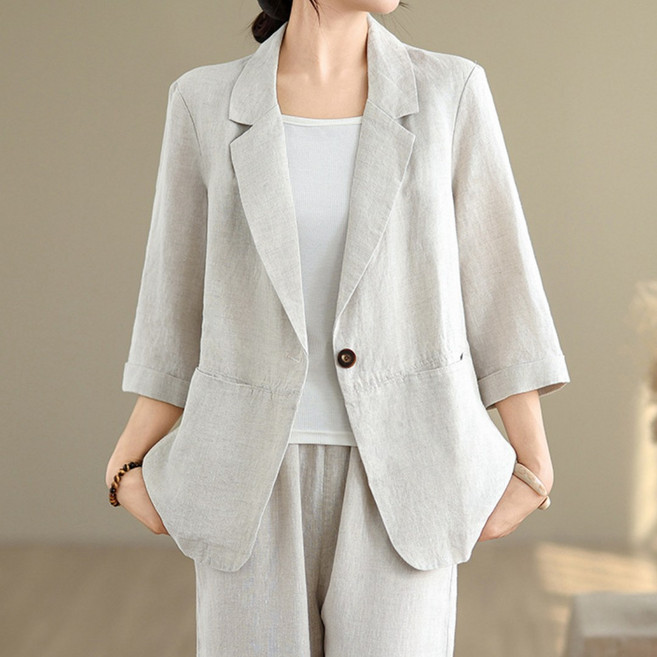 플랜앤유 린넨 자켓 여름 7부 루즈핏 캐주얼 아우터 가벼운 데일리 재킷