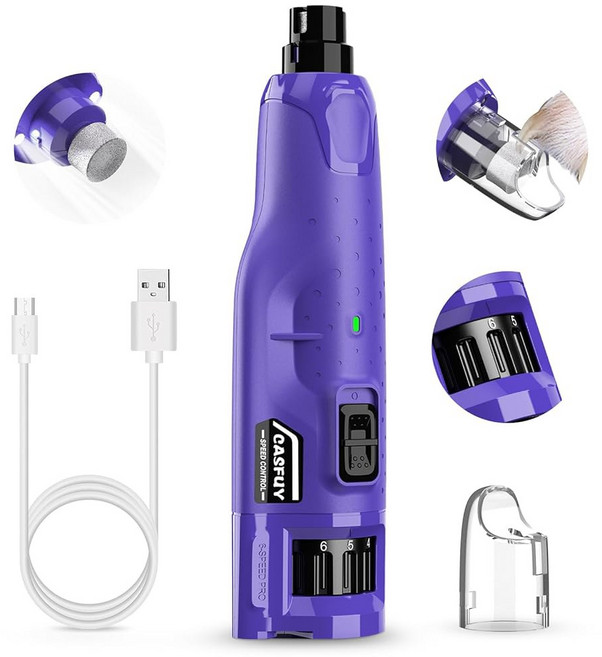 Casfuy 조용한 강아지 네일 그라인더 - (45db) 6단 스피드 반려동물 네일 그라인더 LED 조명 2개 포함 대형 중형 소형견/고양이용 전문가용 3포트 충전식 전기, 퍼플
