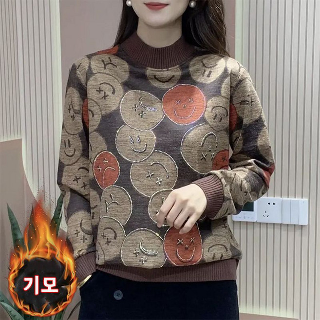 엄마옷마담4060 반목 기모 풀오버 스마일 두꺼운 보온 긴팔티 겨울맨투맨