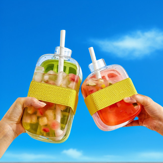 메이원 1+1 푸쉬큐브 아이스 얼음 트레이 얼음 메이커 보틀 디자인 야외용 빨대 보틀컵 500ml+800ml 세트, 그린+핑크, 1세트
