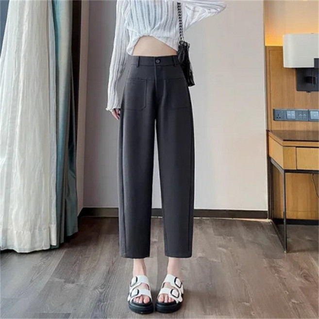 AOKADA 여성 봄 가을 루즈핏 9부 배기 팬츠 키작녀 밴딩웨스트 세미 와이드 슬랙스 바지