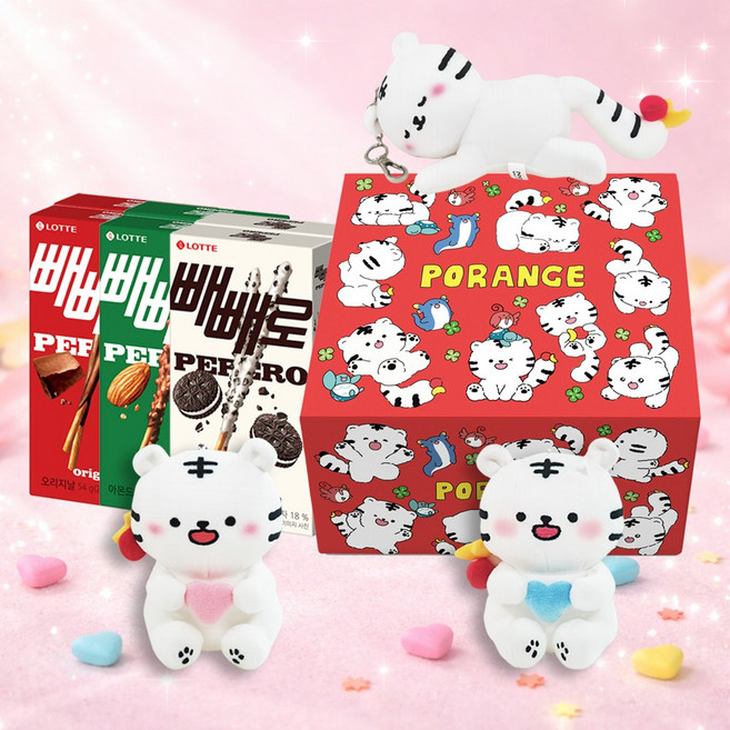 빼빼로 6입 포랑이 +포랑이 인형 키링 3종 택일 포항 아기 호랑이 행운 수능 시험 합격 응원 생일 빼빼로데이, 1개, 빼빼로 6입 선물세트 + 핑크 하트 포랑이 인형 키링