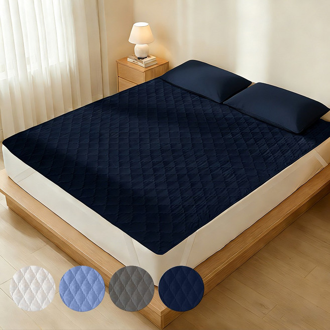 사계절 방수 매트리스 패드 고정밴드 침대패드 슈퍼싱글 퀸, 네이비 블루